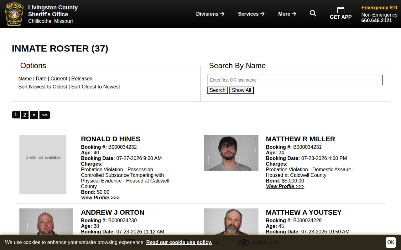 Livingston County current custody roster fields and facility label used to trace a later release