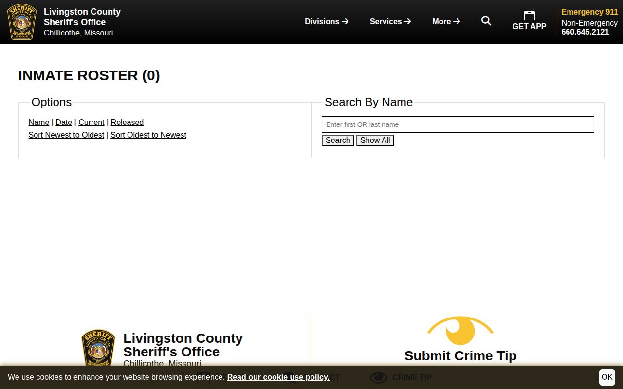 Livingston County released inmates filter with name search and newest-first sorting