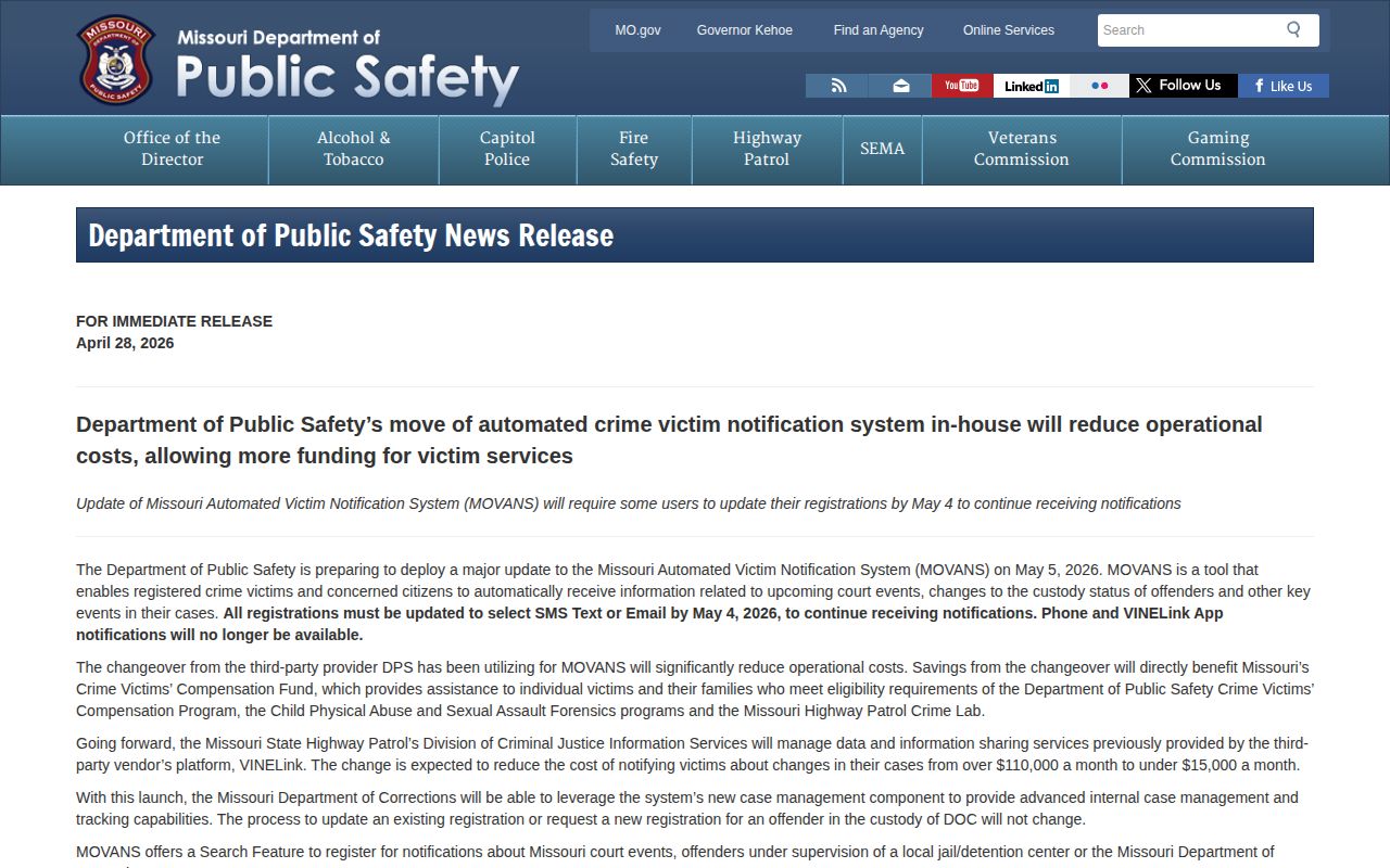 Missouri notice for current Livingston County VINE release alert channels